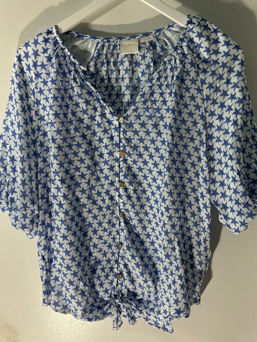 Zac & Rachel Blue Star Print Tie Front Blouse Puff Sleeve Boho Coastal Large